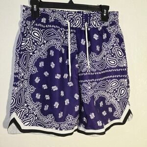 ROMWE Men Purple Paisley Bandana Athletic Shorts Drawstring Pockets Size M